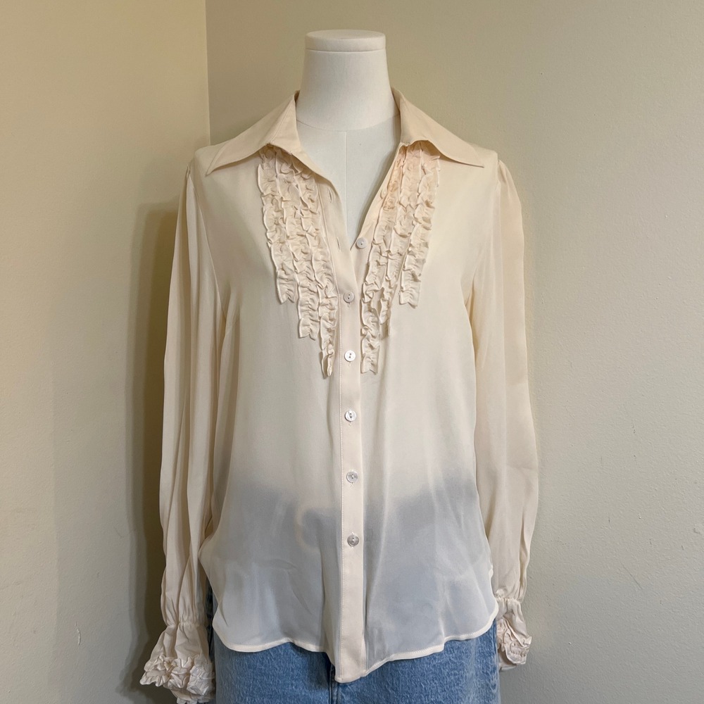Tracy M Womens Ivory 100% Silk Ruffle Front Long Sleeve Button Down Blouse Sz L